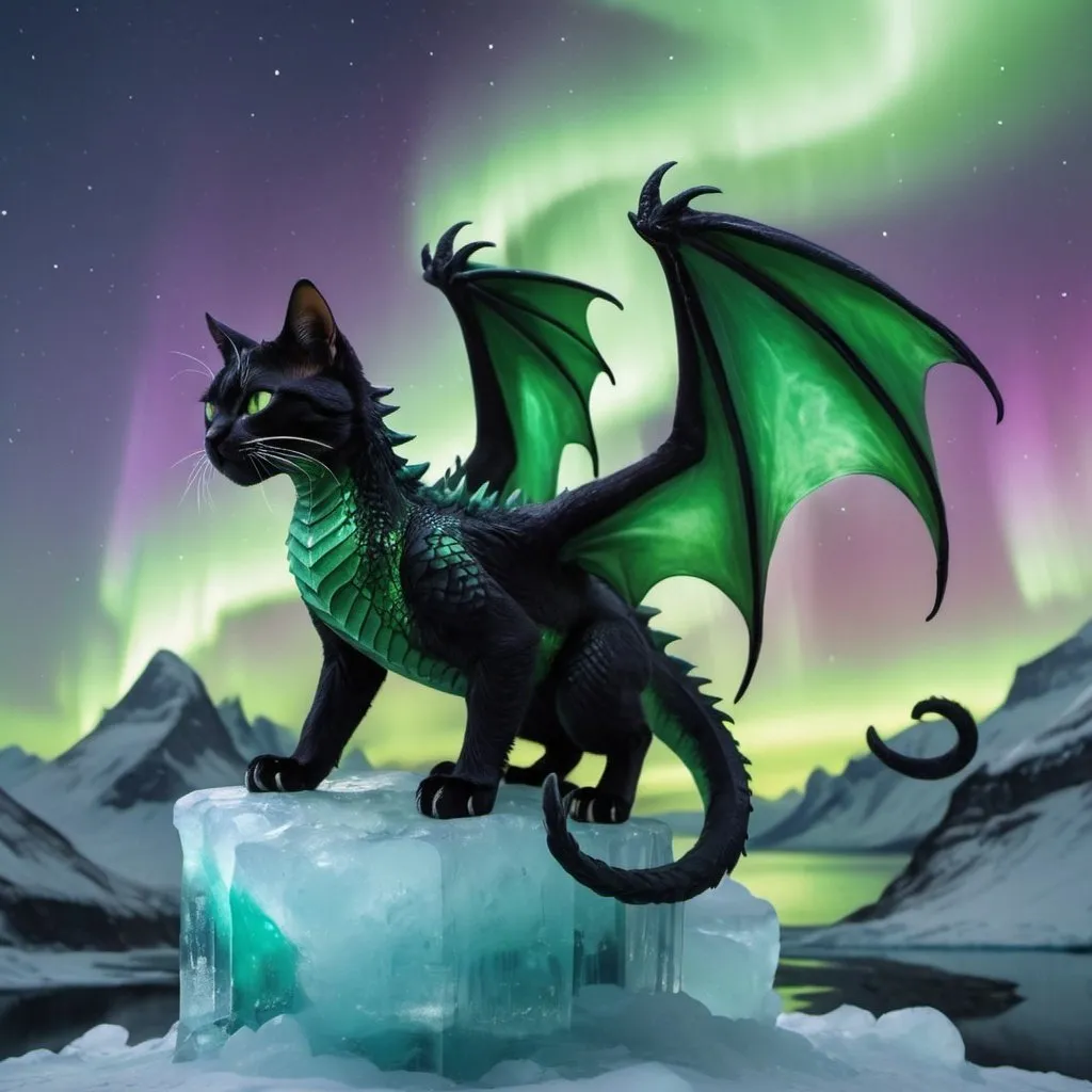 Prompt: black and green cat riding a green and purple ice dragon with some ice and northern lights detailed hyper realistic the black and green cat and the dragon are in the sky the ice dragon has wings and a dragon tail make sure it has two dragon wings and one tail the black and green cat is riding the dragon there should be no red orange or yellow. northern lights in the sky
