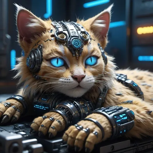 Prompt: Highly detailed kittenpunk scene sleeping, hyper-realistic 4K rendering, volumetric lighting, HD quality, futuristic cityscape backdrop, mechanical feline with intricate joints and circuit patterns, cool-toned futuristic atmosphere, detailed fur with lifelike textures, cyberpunk aesthetic, ultra-detailed, volumetric lighting, professional rendering, HD, 4K blue and gold eyes sleeping