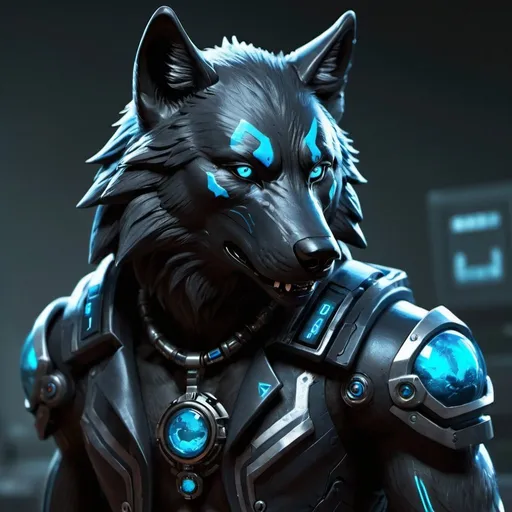 Prompt: black and blue wolf with some sci fi with a cool gamming set up the black and blue wolf is gamming detail