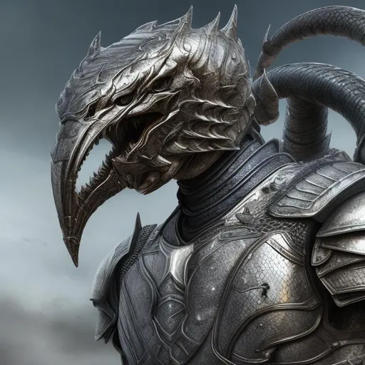 Prompt: Warrior snake in detailed gray armor, intense and fierce expression, shimmering metallic texture, high quality, hyper-realistic, fantasy, detailed scales, intricate helmet design, dramatic lighting