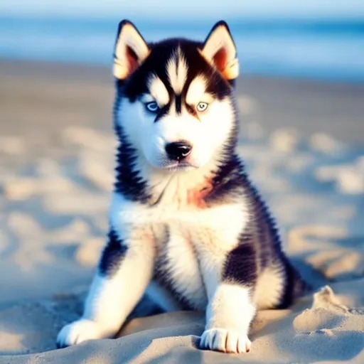 Prompt: a husky puppy on the shore of a beach