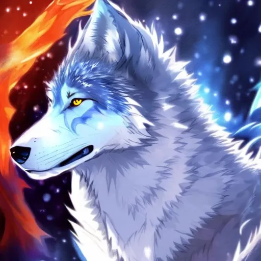 Prompt: a fire and ice wolf anime