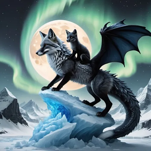 Prompt: black and white fox riding a blue ice dragon with some fire and northern lights detailed hyper realistic the black and white fox and the dragon are in the sky