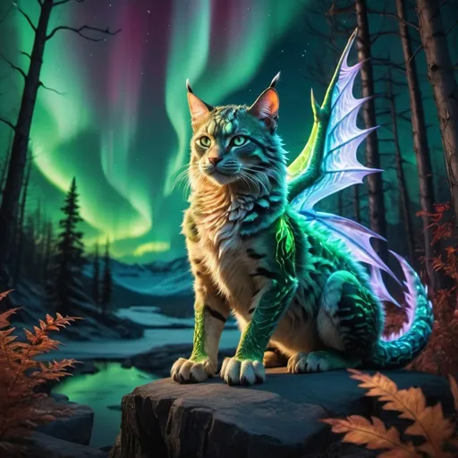 Prompt: wild cat dragon warrior siting in hyper realistic fantasy forest future seen with northern lights above the wild cat warrior wild cat dragon warrior fire element siting in hyper realistic fantasy forest future seen with northern lights above the wild cat warrior the wild fire element cat dragon has two dragon wings cute detailed
