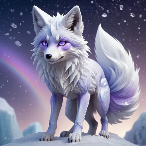 Prompt: ice elemental fox, feral fox, kitsune, nine-tailed fox, snowy lilac fur, bright rainbow purple aurora eyes, periwinkle purple ears, frost, falling snow, shattered ice, soft moonlight,stunning youthful vixen, gazing at viewer, gorgeous, muscular forelegs, athletic, agile, small but absurdly powerful, enchanting, timid

