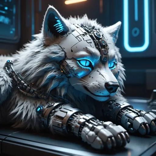 Prompt: Highly detailed wolfpunk scene cub sleeping, hyper-realistic 4K rendering, volumetric lighting, HD quality, futuristic cityscape backdrop, mechanical feline with intricate joints and circuit patterns, cool-toned futuristic atmosphere, detailed fur with lifelike textures, cyberpunk aesthetic, ultra-detailed, volumetric lighting, professional rendering, HD, 4K blue eyes sleeping fluffy 
