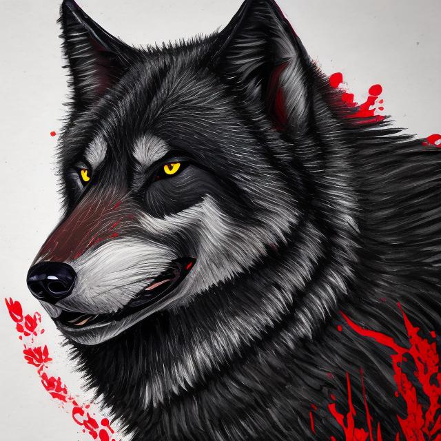 Prompt: black wolf with accents of red detailed