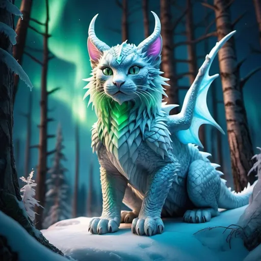 Prompt: wild cat dragon warrior ice element siting in hyper realistic fantasy forest future seen with northern lights above the wild cat warrior the wild cat dragon has two dragon wings cute detailed