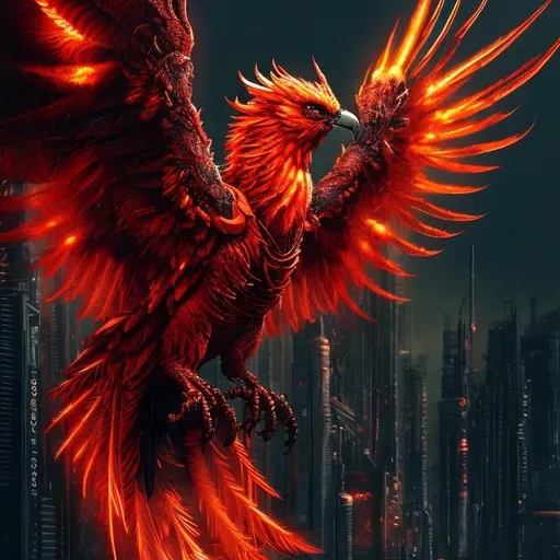 Prompt: High-res, ultra-detailed, sci-fi red Phoenix, intricate black accents, majestic wingspan, intense fiery gaze, futuristic setting, sleek and streamlined design, vibrant red tones, atmospheric lighting, detailed feathers, professional, digital art, cyberpunk, futuristic, intense