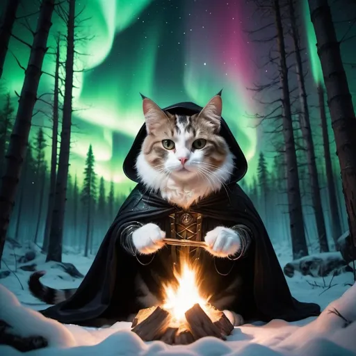 Prompt: wild light brawn and white cat waring a black cloak warrior siting in hyper realistic fantasy forest future seen with northern lights above the wild light brawn and white cat waring a cloak the cat is also eating a marshmallow good lighting detailed
