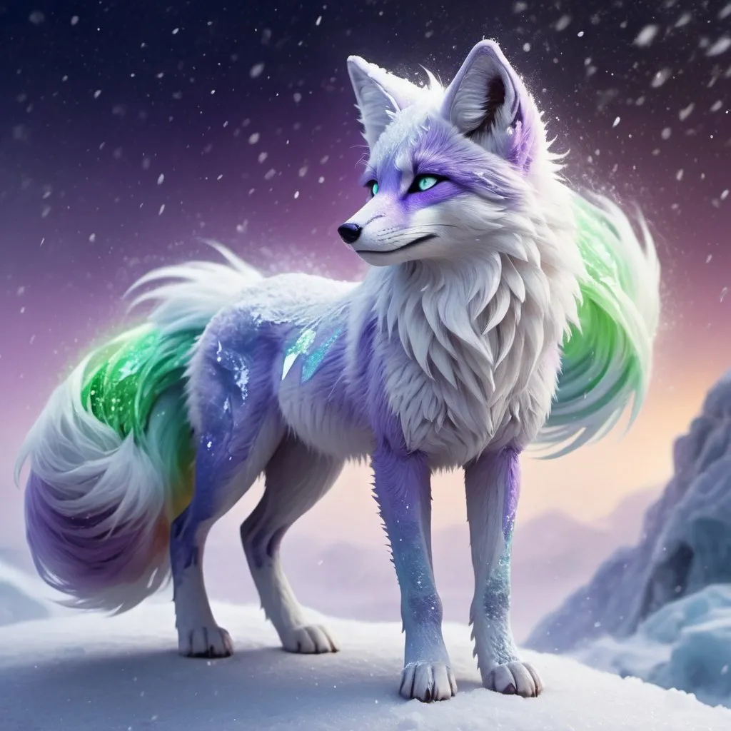 Prompt: ice elemental fox, feral fox, kitsune, nine-tailed fox, snowy lilac fur, bright rainbow green aurora eyes, periwinkle purple ears, frost, falling snow, shattered ice, soft moonlight,stunning youthful vixen, gazing at viewer, gorgeous, muscular forelegs, flowing aurora hair, athletic, agile, small but absurdly powerful, enchanting, timid
