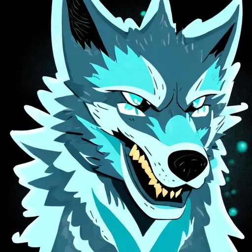 Prompt: sci fi light blue wolf with accents of black detailed in a bright green forest good lighting with a gray mohawk