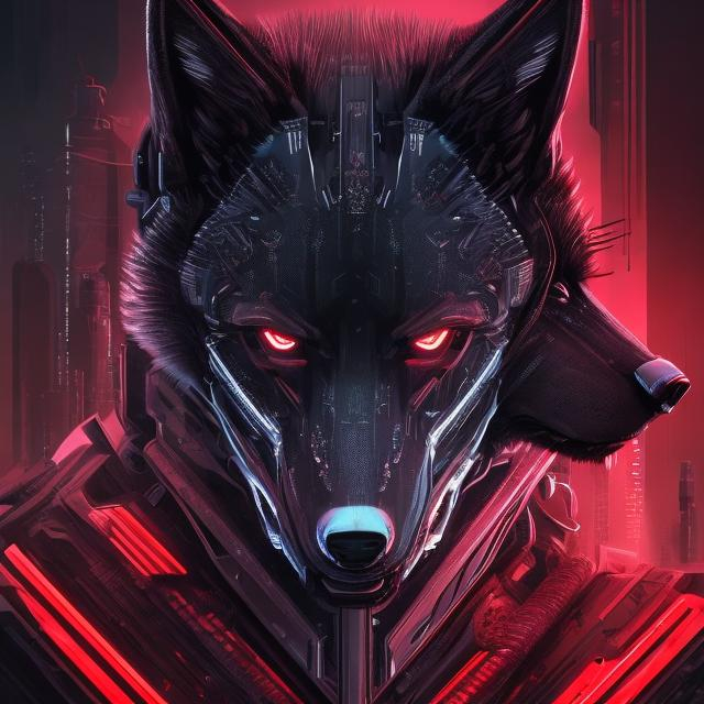 Prompt: Sci-fi digital illustration of a sleek black wolf, accents of red, futuristic cyberpunk setting, detailed fur with futuristic accents, intense and focused gaze, high-tech collar, city lights casting a cool red glow, best quality, highres, ultra-detailed, sci-fi, cyberpunk, detailed eyes, sleek design, professional, atmospheric lighting, red accents