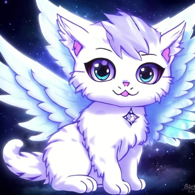 Prompt: a whit kitten with diamond gems on it and wings anime