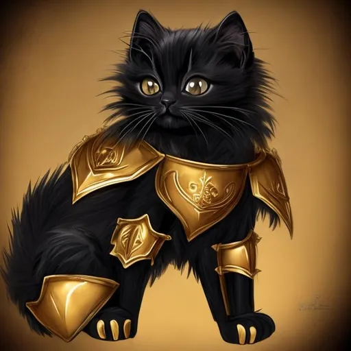 Prompt: a black kitten in gold armor with a gold crawn anime