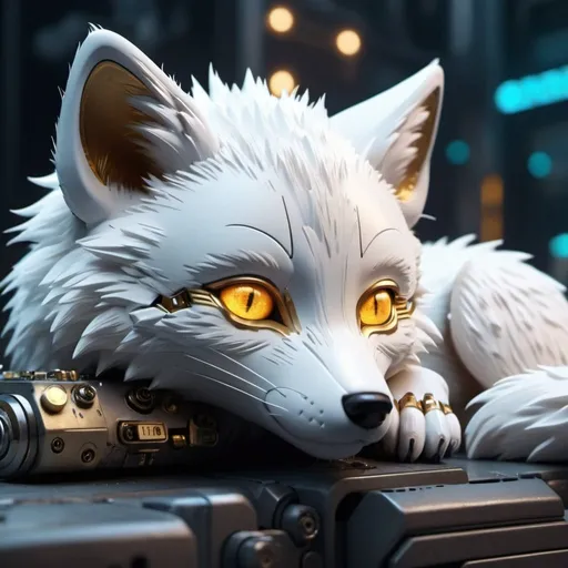 Prompt: Highly detailed white foxpunk scene cub sleeping, hyper-realistic 4K rendering, volumetric lighting, HD quality, futuristic cityscape backdrop, mechanical feline with intricate joints and circuit patterns, cool-toned futuristic atmosphere, detailed fur with lifelike textures, cyberpunk aesthetic, ultra-detailed, volumetric lighting, professional rendering, HD, 4K with glowing gold eyes fox(punk) cute very cute