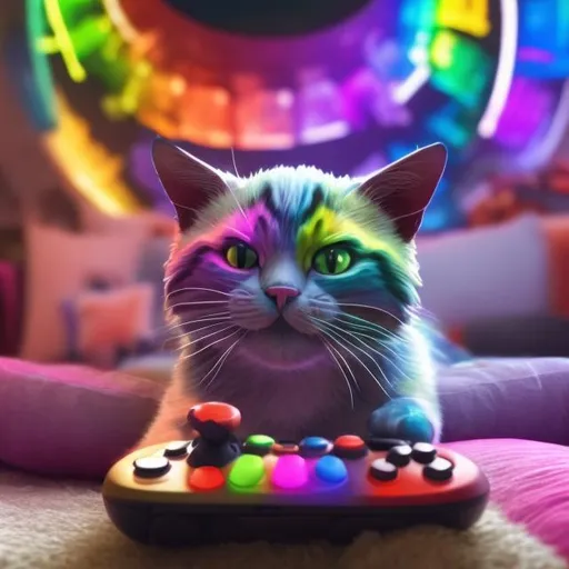 Prompt: rainbow cat playing video games