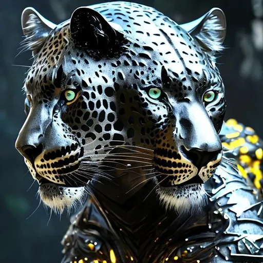 Prompt: Black leopard in silver armor with yellow gems, high-quality digital art, realistic, fierce and majestic, detailed fur with shiny reflections, intense and focused gaze, armor made of sleek silver metal with intricate details, jungle setting with dappled sunlight, highres, ultra-detailed, realistic, fierce, majestic, detailed fur, intense gaze, sleek silver armor, jungle setting, dappled sunlight, shiny reflections, yellow gems, professional, atmospheric lighting