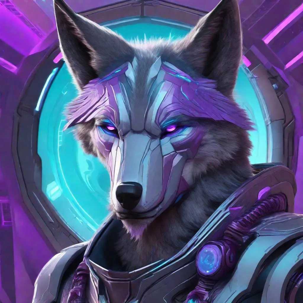 Prompt: sci fi man-wolf with purple and light blue accents detailed futuristic settings
