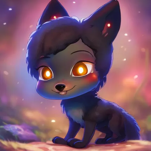 Prompt: a glowing black baby fox anime