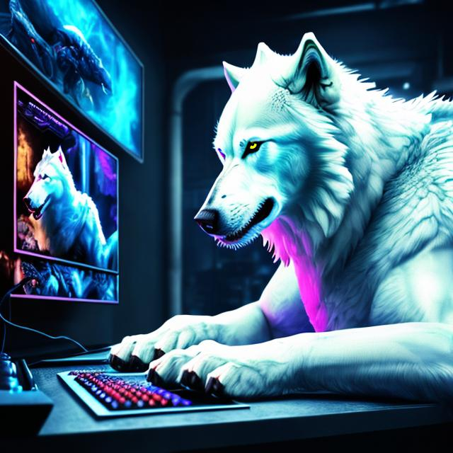 Prompt: Detailed, high-resolution digital rendering of a majestic white wolf playing video games, intense and focused, realistic fur with subtle reflections, futuristic cyberpunk gaming setup, dynamic lighting and cool tones, 4k, ultra-detailed, digital art, cyberpunk, realistic fur, intense gaze, futuristic gaming setup, dynamic lighting, professional