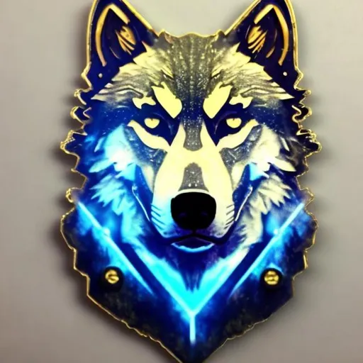 Prompt: bright gold sci fi wolf with accents of blue