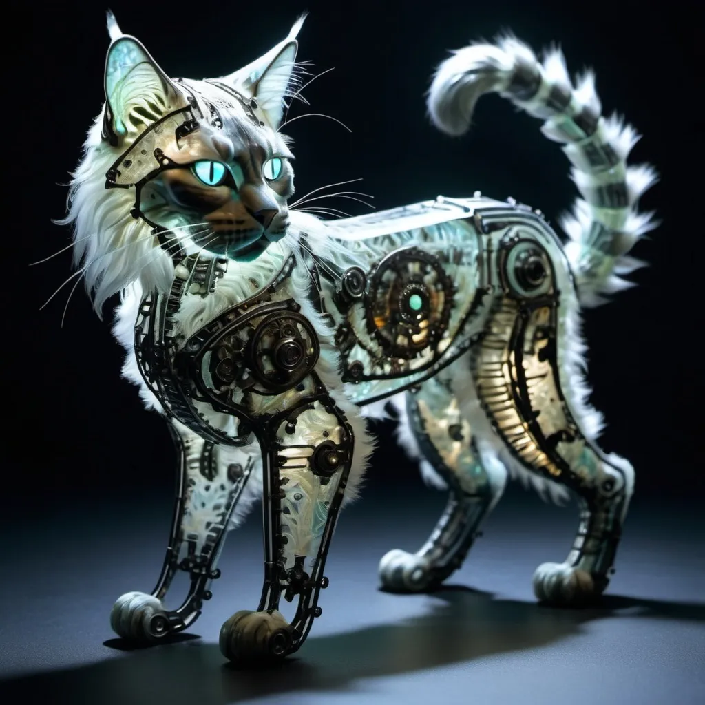 Prompt: **Bioluminescent transparent mechanical maine coon cat made from hylozoic techno-construction lace circuitry,some iron armor on it