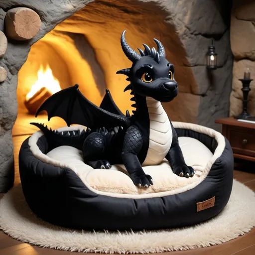 Prompt: a cute black dragon in a dog bed in a cave with furniture around the cave the black dragon is in the dog bed detailed cute realistic 