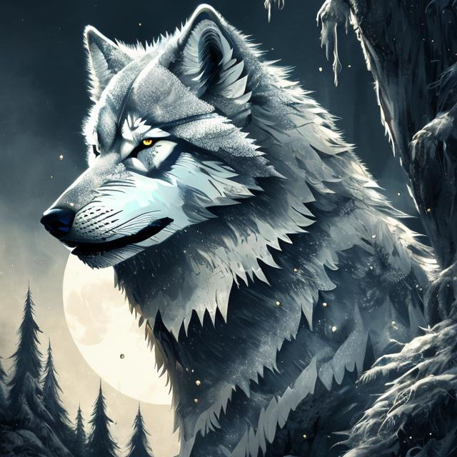 Prompt: Detailed highres illustration of a majestic gold wolf, cool black accents, realistic fur details, intense and piercing gaze, mystical forest setting, moonlight casting a black glow, best quality, detailed fur, cool tones, atmospheric lighting