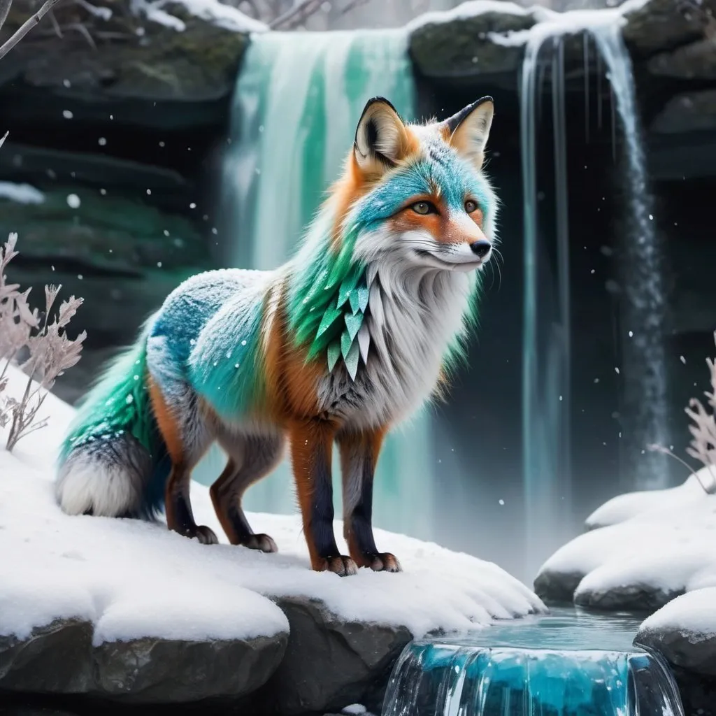 Prompt: blue and green fluffy fox in the snow at a waterfall with crystals around it good lighting detailed anima