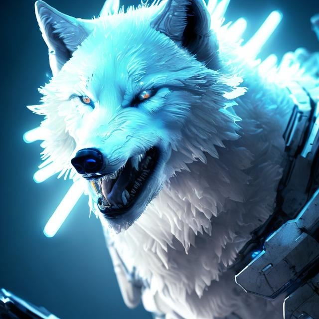 Prompt: High-res, ultra-detailed, sci-fi, white wolf with glowing blue accents, futuristic setting, detailed fur with cool reflections, intense and focused gaze, high-tech collar, cool-toned lighting