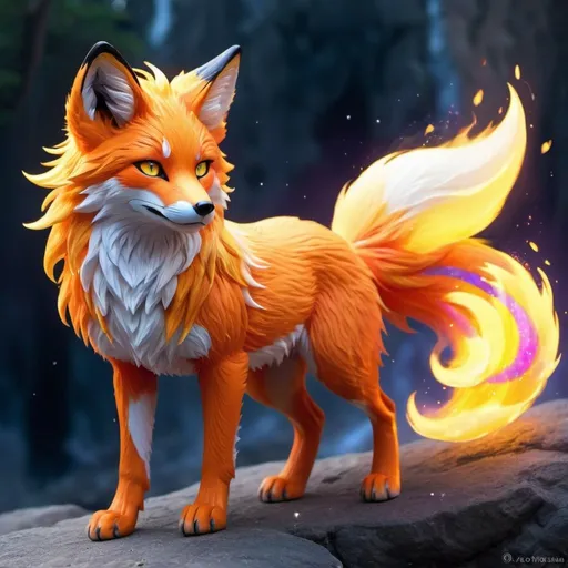 Prompt: fire elemental fox, feral fox, kitsune, nine-tailed fox, firey lilac fur, bright rainbow orang aurora eyes, periwinkle yellow ears, fire, falling fire, shattered coul, soft moonlight,stunning youthful vixen, gazing at viewer, gorgeous, muscular forelegs, flowing aurora hair, athletic, agile, small but absurdly powerful, enchanting, timid
