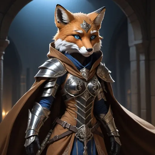 Prompt: (masterpiece),fox (best quality:1.2), (intricate detail), dynamic angle, looking at viewer, (1female), ((solo)), (((full body))), (slender), (((tabaxi))), (((black and brown fur))), ((blue pupils)), (((light armor))), black armor, ((cloak)), mysterious, ((ominous expression)) fox
