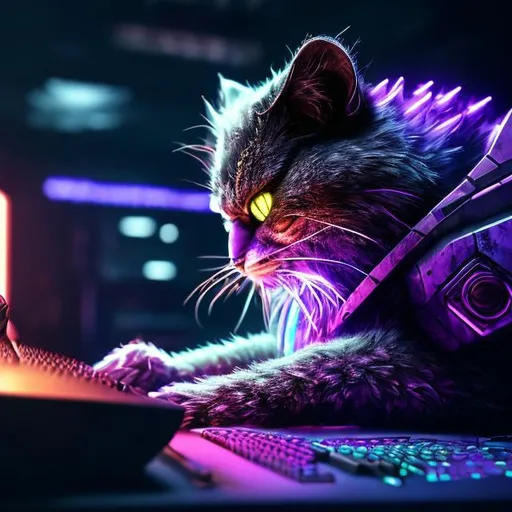 Prompt: Detailed, highres, ultra-detailed, purple cat playing video games, futuristic cyberpunk setting, neon lights reflecting on fur, intense focus, cool-toned, futuristic, video game console, professional lighting