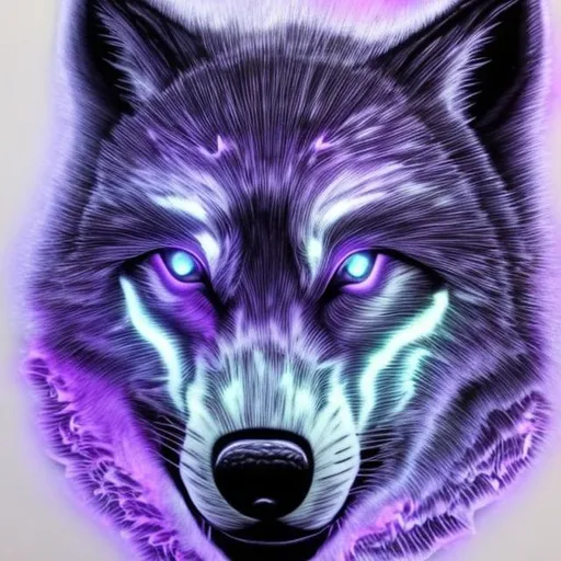 Prompt: glowing wolf cub with accents of purple and light blue detailed realistic