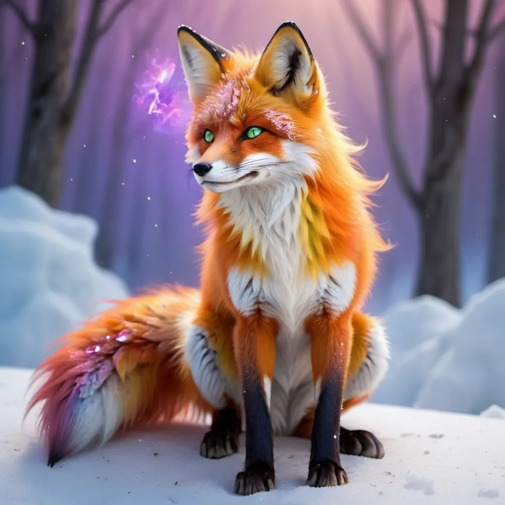 Prompt: fire elemental red fox, feral fox, kitsune, nine-tailed fox, fire lilac fur, bright rainbow green aurora eyes, periwinkle orange ears, frost, falling fire, shattered fire, soft moonlight,stunning youthful vixen, gazing at viewer, gorgeous, muscular forelegs, athletic, agile, small but absurdly powerful, enchanting, timid
