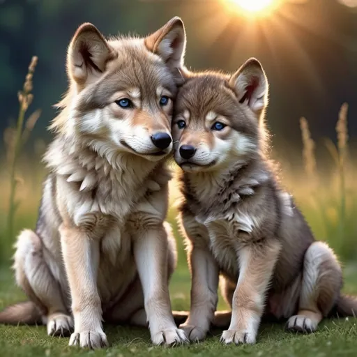 Prompt: (cute wolf cub) siting beside (cute sleepy wolf with accents of blue cub) detailed hyper realistic sun set in background they are on the grass beautiful (cute) (cute) the wolf looks like a wolf the wolf looks like a wolf


                       CUTE!!!!!!!!!!