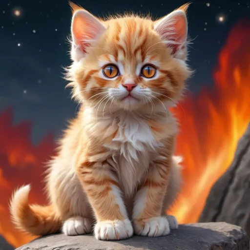 Prompt: warrior (kitten) with {bright scarlet fur} and {ruby red eyes}, feral kitten, kitsune, nine-tailed kitten, gorgeous anime portrait, beautiful cartoon, beautiful 8k eyes, elegant {red fur}, four-legged, quadruped, pronounced scar on chest, oil painting, modest, gazing at viewer, fiery red eyes, glistening golden hair, furry golden paws, low angle view, 64k, hyper detailed, expressive, graceful, beautiful, small lithe cat, expansive silky golden mane, shining fur, deep starry sky, UHD background, golden ratio, precise, perfect proportions, vibrant colors, standing majestically on a tall crystal stone, hyper detailed, complementary colors, UHD, HDR, top quality art, beautiful detailed background, unreal 5, artstaion, deviantart, instagram, professional, masterpiece (CUTE) 
the kitten is sitting on a rock (stars) in the (sky beautiful)
