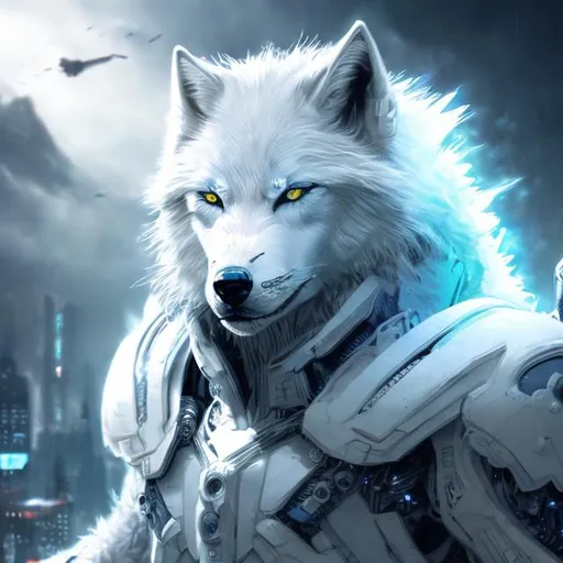 Prompt: Detailed, highres, ultra-detailed, sci-fi, cool tones, futuristic, white wolf, futuristic setting, cybernetic enhancements, glowing blue eyes, sleek fur with futuristic designs, professional, atmospheric lighting