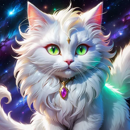 Prompt: clawmaster cat with {white fur} and {amethyst green eyes}, elder female cat, cosmic auroras, Erin Hunter, gorgeous anime portrait, beautiful cartoon, 2d cartoon, beautiful 8k eyes, elegant {white fur}, glossy sheen fur, pronounced scar on chest, fine oil painting, modest, gazing at viewer, beaming red eyes, glistening red fur, low angle view, zoomed out view of character, 64k, hyper detailed, expressive, timid, graceful, beautiful, expansive silky mane, deep starry sky, golden ratio, precise, perfect proportions, vibrant, standing majestically on a tall crystal stone, hyper detailed, complementary colors, UHD, HDR, top quality artwork, beautiful detailed background, unreal 5, artstaion, deviantart, instagram, professional, masterpiece purple tail