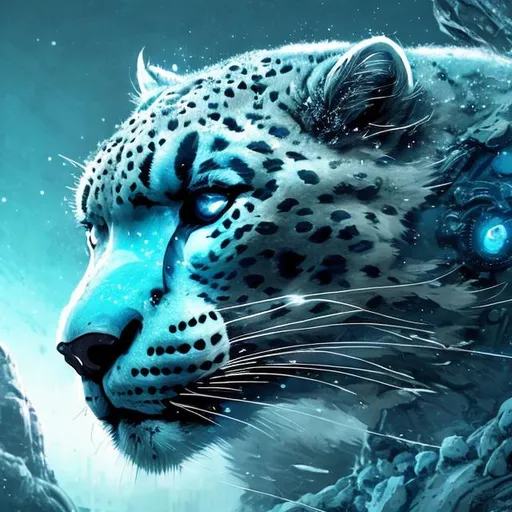 Prompt: Cool-toned sci-fi illustration of a majestic snow leopard, shades of blue and white, futuristic snowy landscape, high-tech enhancements with detailed cybernetics, intense and mysterious gaze, snowy terrain with futuristic elements, best quality, highres, ultra-detailed, sci-fi, cool tones, futuristic, detailed fur, cybernetic enhancements, mysterious, snowy landscape, professional, atmospheric lighting