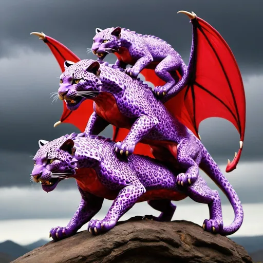 Prompt: two purple leopards ridding a back and red dragon