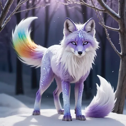 Prompt: ice elemental fox, feral fox, kitsune, nine-tailed fox, snowy lilac fur, bright rainbow purple aurora eyes, periwinkle purple ears, frost, falling snow, shattered ice, soft moonlight,stunning youthful vixen, gazing at viewer, gorgeous, muscular forelegs, athletic, agile, small but absurdly powerful, enchanting, timid
