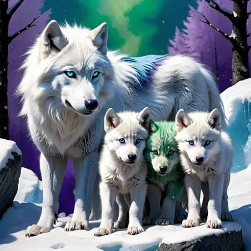 Prompt: white wolf with blue green and purple mane and gold eyes the fluff at the end of the wolves tail is silver, with its two wolf cubs, one wolf cub is blue and purple, the other is silver and green detailed the wolves are on a rock surrounded with snow and ice/the artic make sure the wolf and its two cubs have the color in the prompt