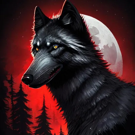Prompt: Detailed highres illustration of a majestic black wolf, cool red accents, realistic fur details, intense and piercing gaze, mystical forest setting, moonlight casting a red glow, best quality, detailed fur, cool tones, atmospheric lighting