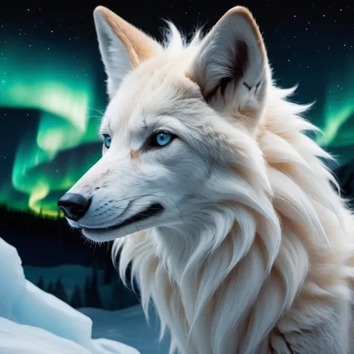 Prompt: {alolan Ninetales}, wolf, maned wolf, kitsune, ice element, detailed artwork, portrait, glistening ice blue mixed in with its fur, 8k, detailed background, auroras, brilliant night sky, mischievous, thick billowing mane, hyper realism, realistic, hyper realistic with the northern lights in the sky no orang some ice blue mixed in with the white fur
