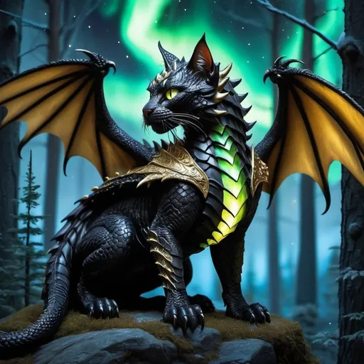 Prompt: wild cat dragon waring  black armor and has scales warrior siting in hyper realistic fantasy forest future seen with northern lights above the wild cat waring a cloak warrior the wild cat dragon has two dragon wings cute detailed glowing gold eyes no wings  no dragon tail if you do add dragon wings add two if you add a tail make it one
