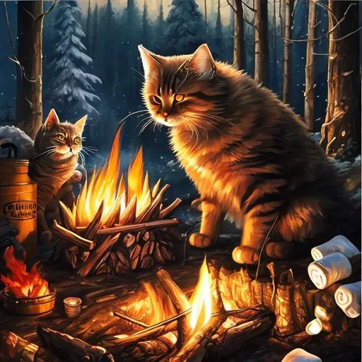 Prompt: Cat enjoying marshmallow by the campfire, realistic oil painting, detailed fur and whiskers, warm and cozy atmosphere, focused eyes, high quality, realistic, detailed, warm tones, atmospheric lighting, outdoor setting, flickering campfire, starry night sky, cozy, traditional art, detailed expression, serene ambiance