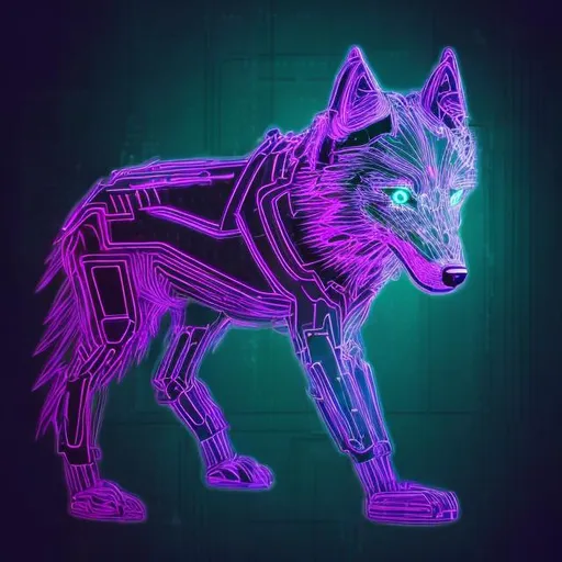 Prompt: Cute black wolf robot outlined in teal wireframe light, bright purple auras, neon features, extremely detailed, futuristic, cyberpunk, high-tech, glowing purple neon, detailed fur and mechanics, futuristic cityscape, best quality, highres, ultra-detailed, cyberpunk, neon, futuristic, detailed, bright purple, teal wireframe, robotic wolf, cute design, professional, atmospheric lighting