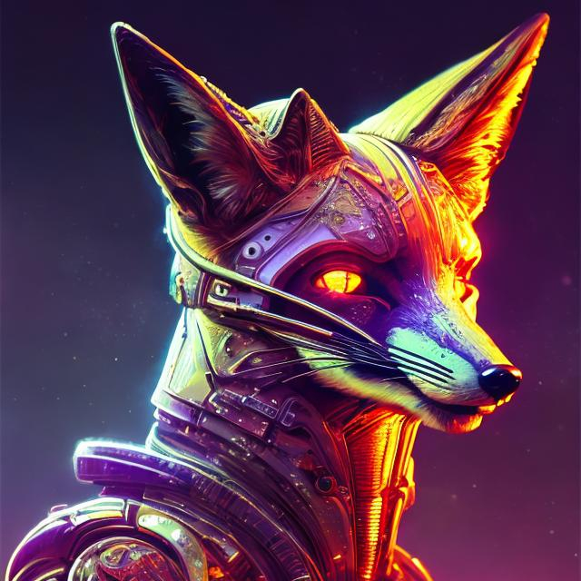 Prompt: Bright gold sci-fi fox, with accents of light purple metallic sheen, futuristic neon glow, intricate mechanical details, high quality, ultra-detailed, sci-fi, cyberpunk, gold tones, futuristic, neon lighting